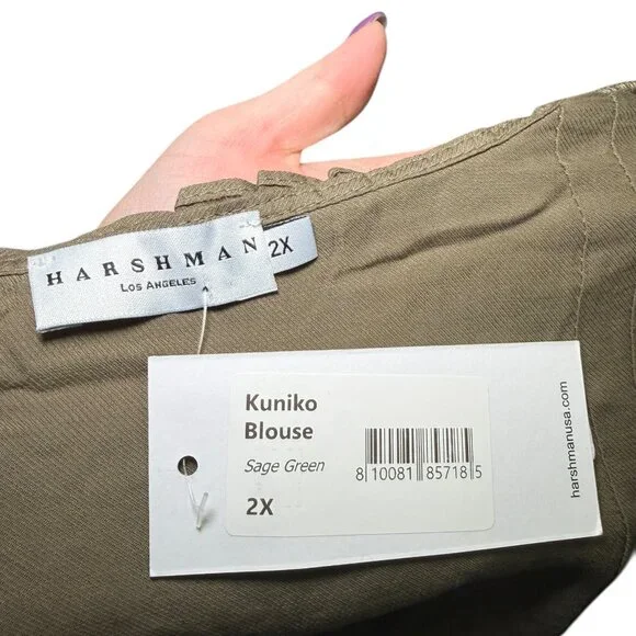 Harshman Kuniko Blouse Sage Green 2X Tencel Pintuck Ruffle NWT